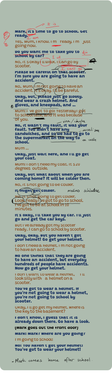 Mark, it‘s time to go to school. Get  ready. Yes,  M um, I know. I'm ready. I'm  just  going now. Do you want me to take you to  school by car? No, it's okay I'll walk. I can go by  scooter. Please be careful on that scooter.  I'm sure you are going to have an  accident. No,  M um. I'm not going to have an  accident. It's okay. I'll be careful. Okay, but, please just go slowly.  And  wear  a crash helmet. And  gloves, and kneepads, and … Mum! I ' ve  got  to go! Yesterday I got  to school late, and it was because  of you. No, it wasn't my fault, it was your  fault. You didn't have any  sandwiches, and so we had to go to  the supermarket on the way to  school. M u m  … Okay, just wait here, and I'll go get  your coat. Mum! I don't need my coat. It's 20 degrees outside. Okay, but what about when you are  coming home? It will be colder then. No, it's not going to be colder. It might get colder. No, it's not going to get colder.  Look, really I've got to go to school.  I've got to be at school in 10  minutes. It's okay, I'll take you by car. I'll just  go and get the car keys. But I've already got my scooter ready . I can go to school by scooter. Okay, okay. But you haven't got  your helmet! Go get your helmet. I don't need a helmet. I'm not going  to have an accident. No one thinks that they  are going  to  have an accident, b ut everyday  hundreds of  people have accidents.  Now go get your helmet. I don't want to wear a helmet,  I'll  look silly with  a  helmet on a  scooter. You've got to wear a helmet. If  you're not  going to wear a helmet,  you're not going to school by  scooter. Okay, I'll go get my helmet. Where is  the key to the basement? I don ’t  know, I guess that it is  already down there . Go have a look. (Mark goes out the front door) Mark! Mark? Where are you going? I'm going to school! No! You haven't got your helmet!  You've got to wear your helmet! 11 November 2021 16:21